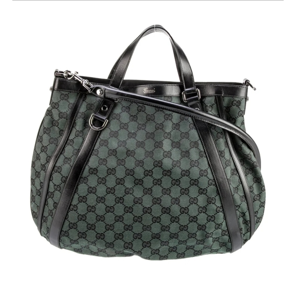 Gucci Green GG Canvas Tote with Black Leather Trim and Strap